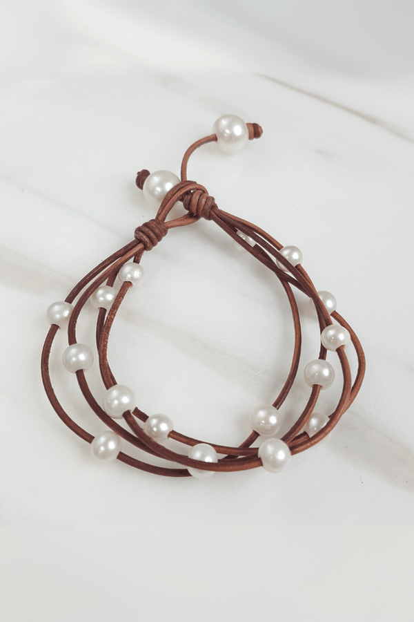 Leather Bracelet With Spaced  Freshwater Pearls