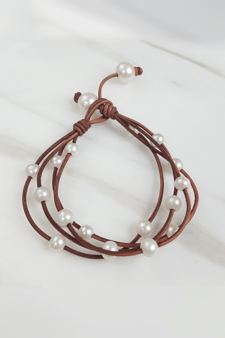 Leather Bracelet With Spaced  Freshwater Pearls