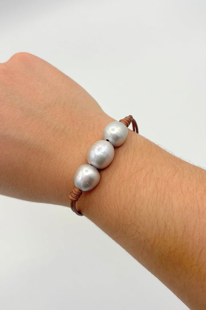 Leather Bracelet with Three Large Pearls