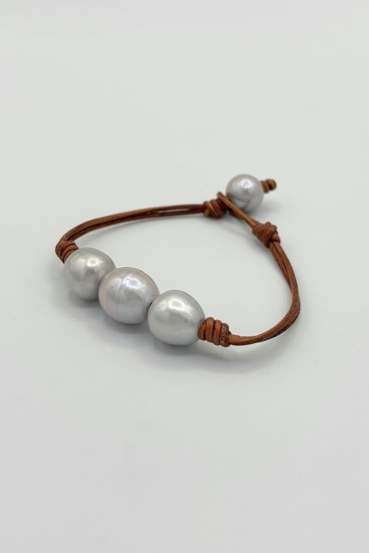 Leather Bracelet with Three Large Pearls