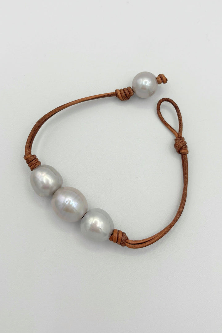 Leather Bracelet with Three Large Pearls