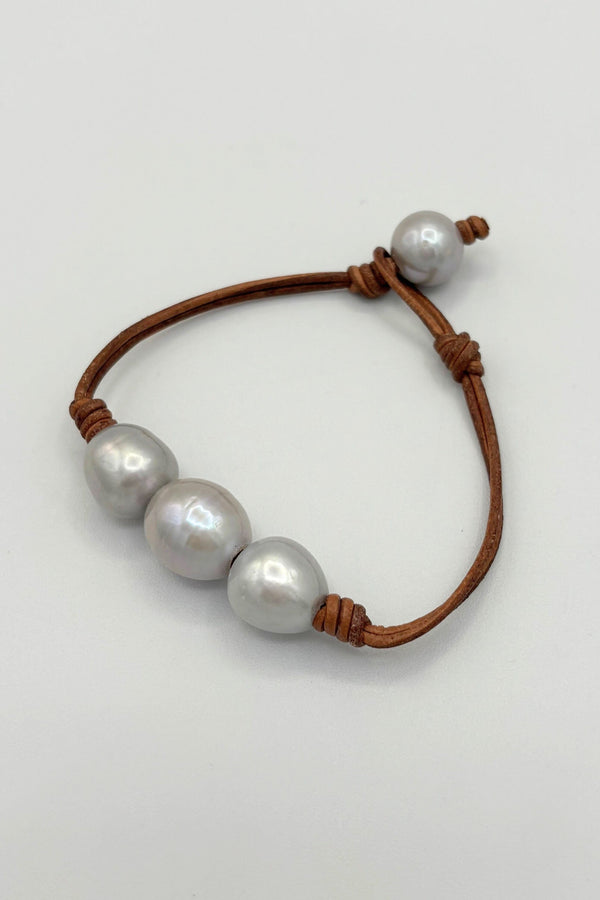 Leather Bracelet with Three Large Pearls