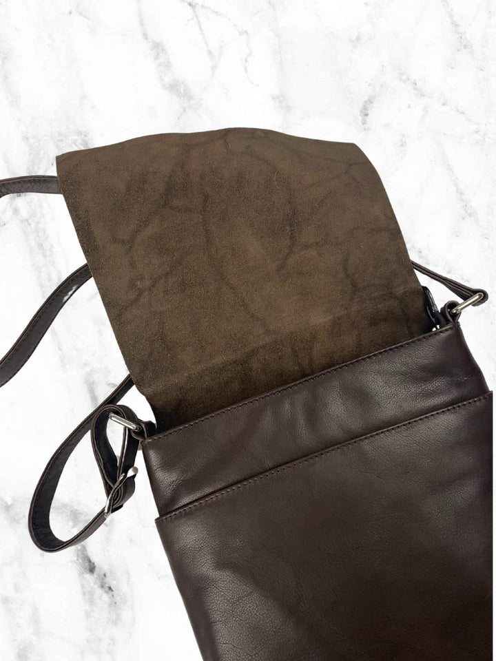 Leather Raw Edge Fold Over Crossbody Bag