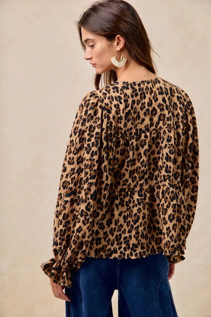 Leopard Print Bow Tie Front Tiered Top
