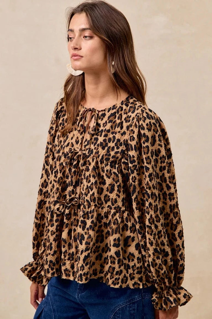 Leopard Print Bow Tie Front Tiered Top