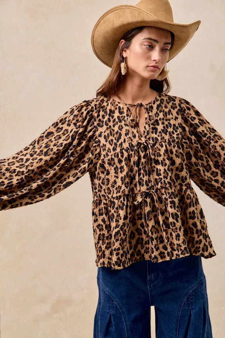 Leopard Print Bow Tie Front Tiered Top