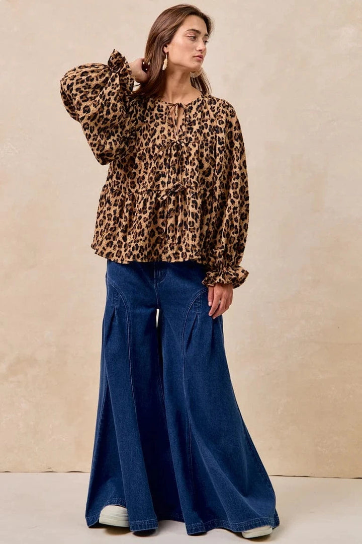 Leopard Print Bow Tie Front Tiered Top