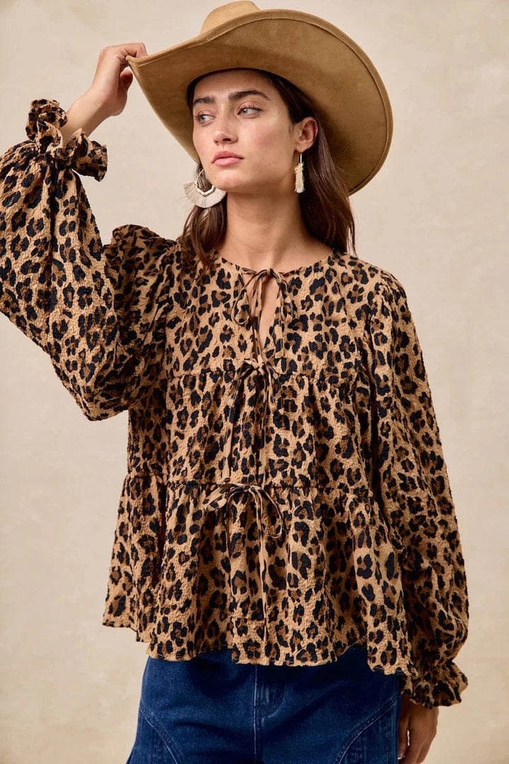 Leopard Print Bow Tie Front Tiered Top