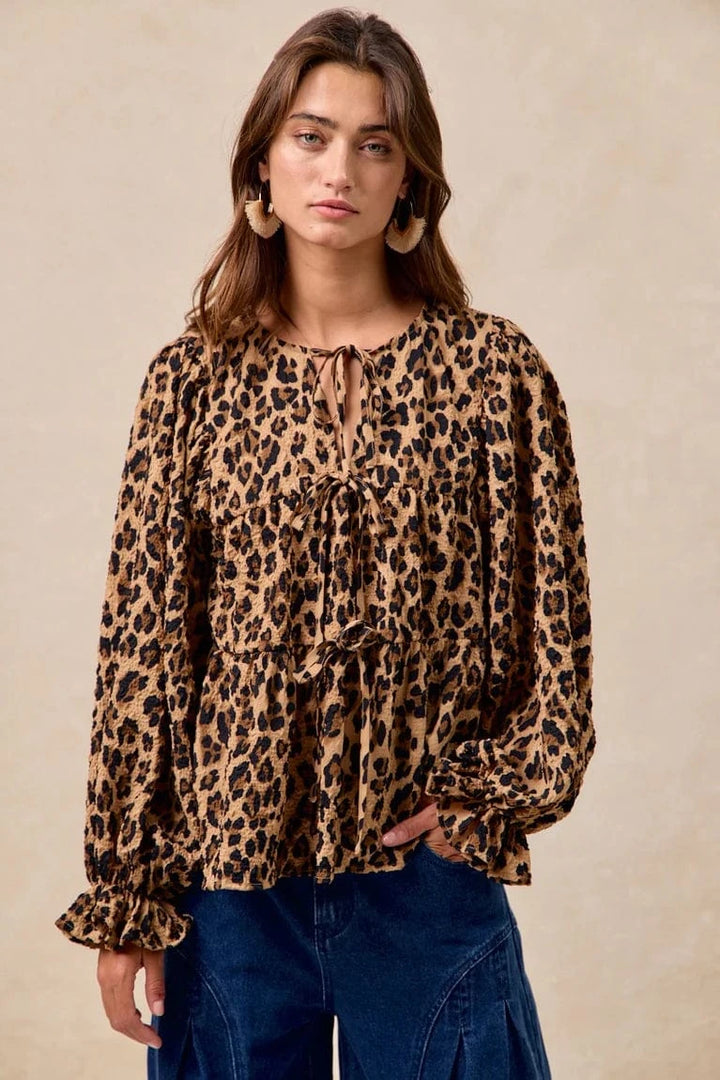Leopard Print Bow Tie Front Tiered Top