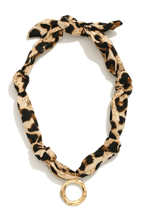 Leopard Print Scarf Tie Necklace with Hammered Circle Centerpiece
