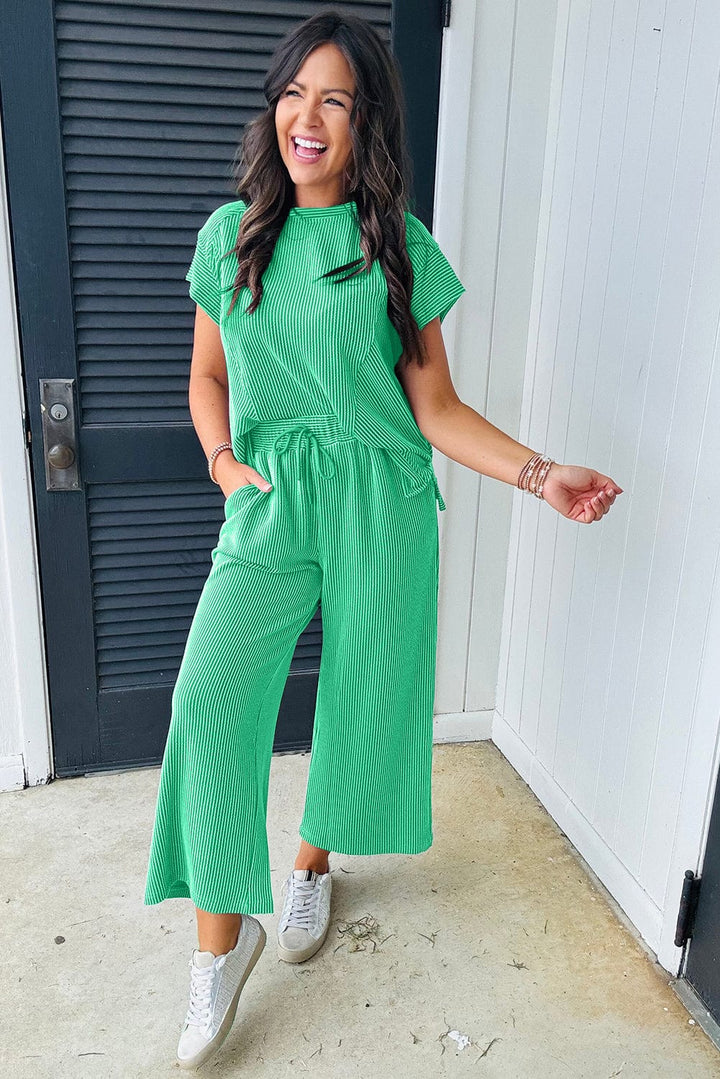 Lightweight Ribbed Short Sleeve Top and Wide Legged Drawstring Pants Loungewear Set