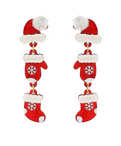 Linear Christmas Santa Hat, Gloves, and Stockings Drop Earrings