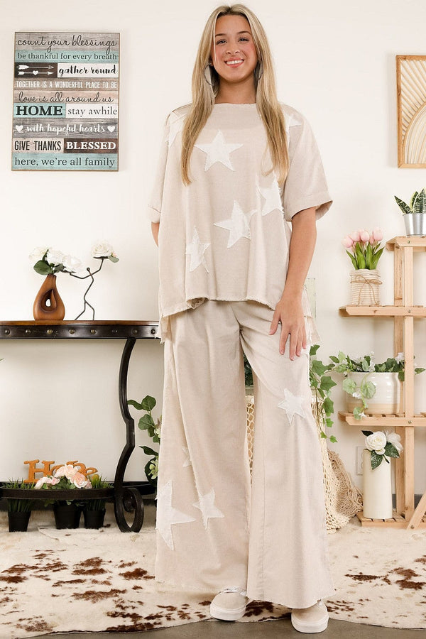 Linen Blend Raw Edge Star Patch Short Sleeve Top and Wide Leg Pants