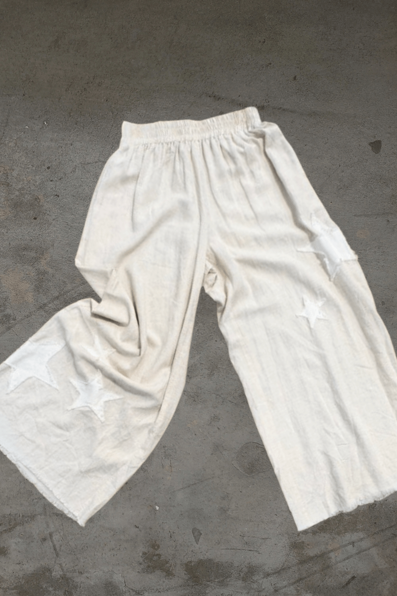 Linen Blend Raw Edge Star Patch Wide Leg Elastic Waistband Pants