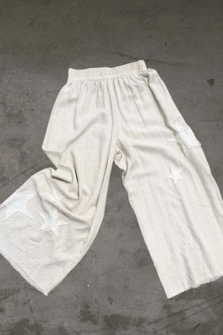 Linen Blend Raw Edge Star Patch Wide Leg Elastic Waistband Pants