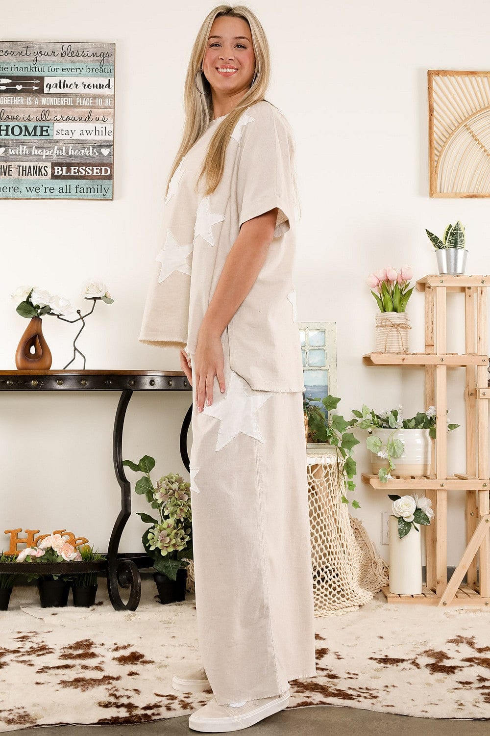Linen Blend Raw Edge Star Patch Wide Leg Elastic Waistband Pants