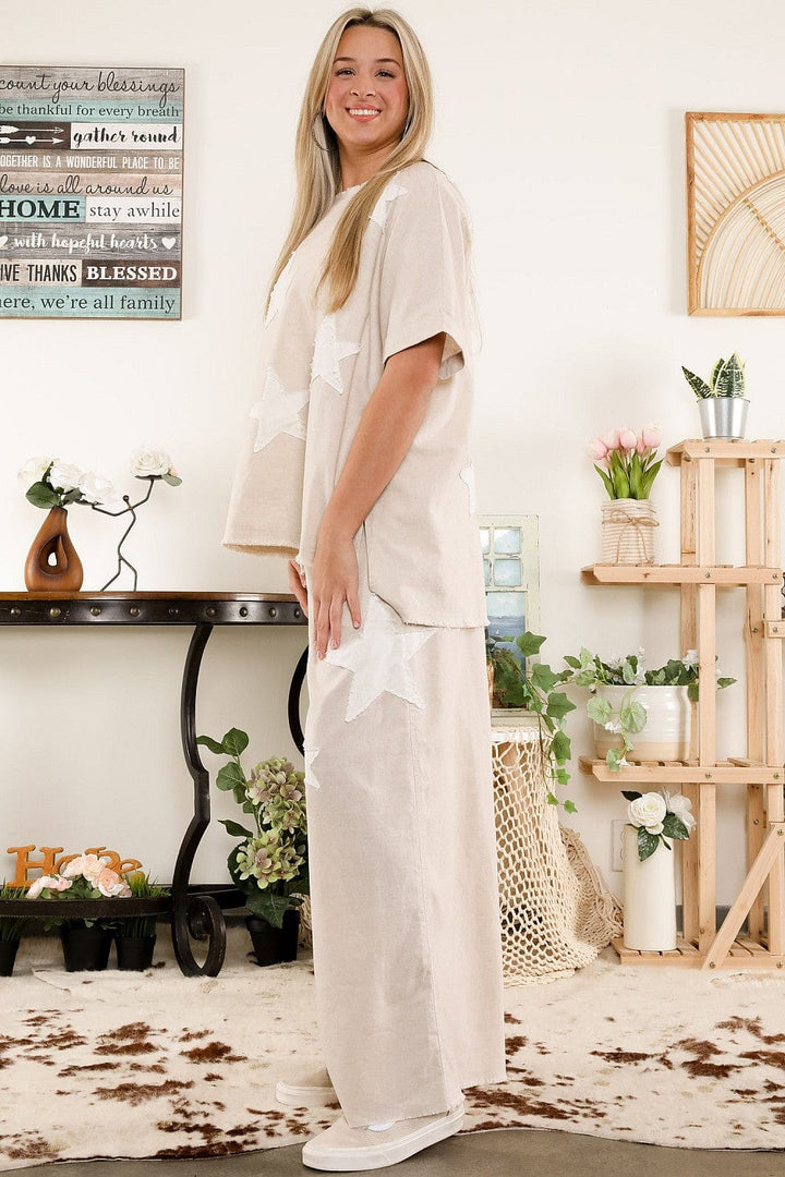 Linen Blend Raw Edge Star Patch Wide Leg Elastic Waistband Pants