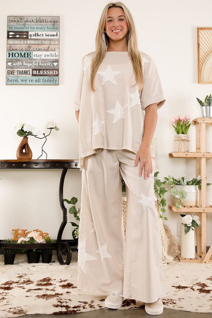 Linen Blend Raw Edge Star Patch Wide Leg Elastic Waistband Pants