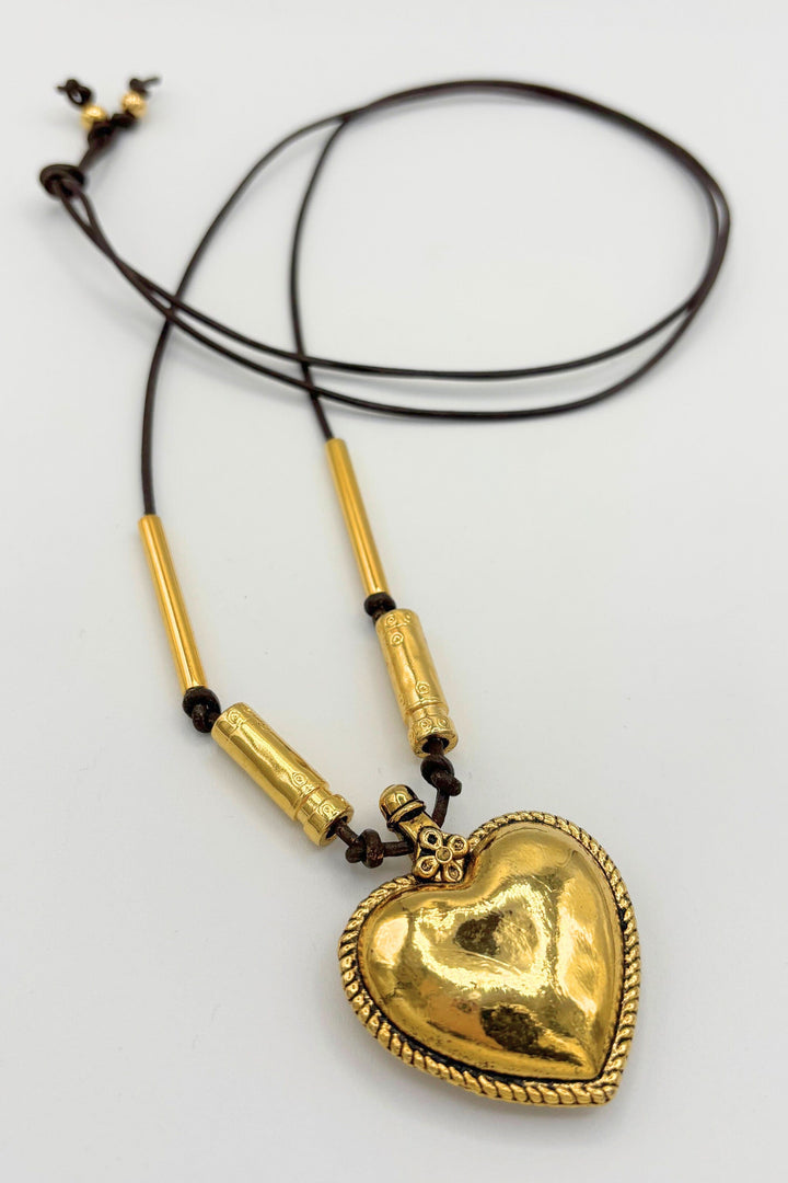 Lois Handmade Genuine Leather Cord Crimped Edge Heart Necklace