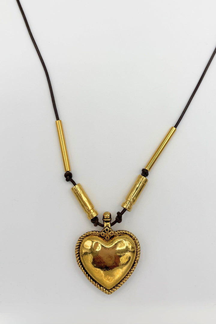 Lois Handmade Genuine Leather Cord Crimped Edge Heart Necklace