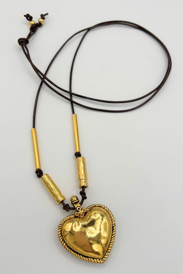Lois Handmade Genuine Leather Cord Crimped Edge Heart Necklace