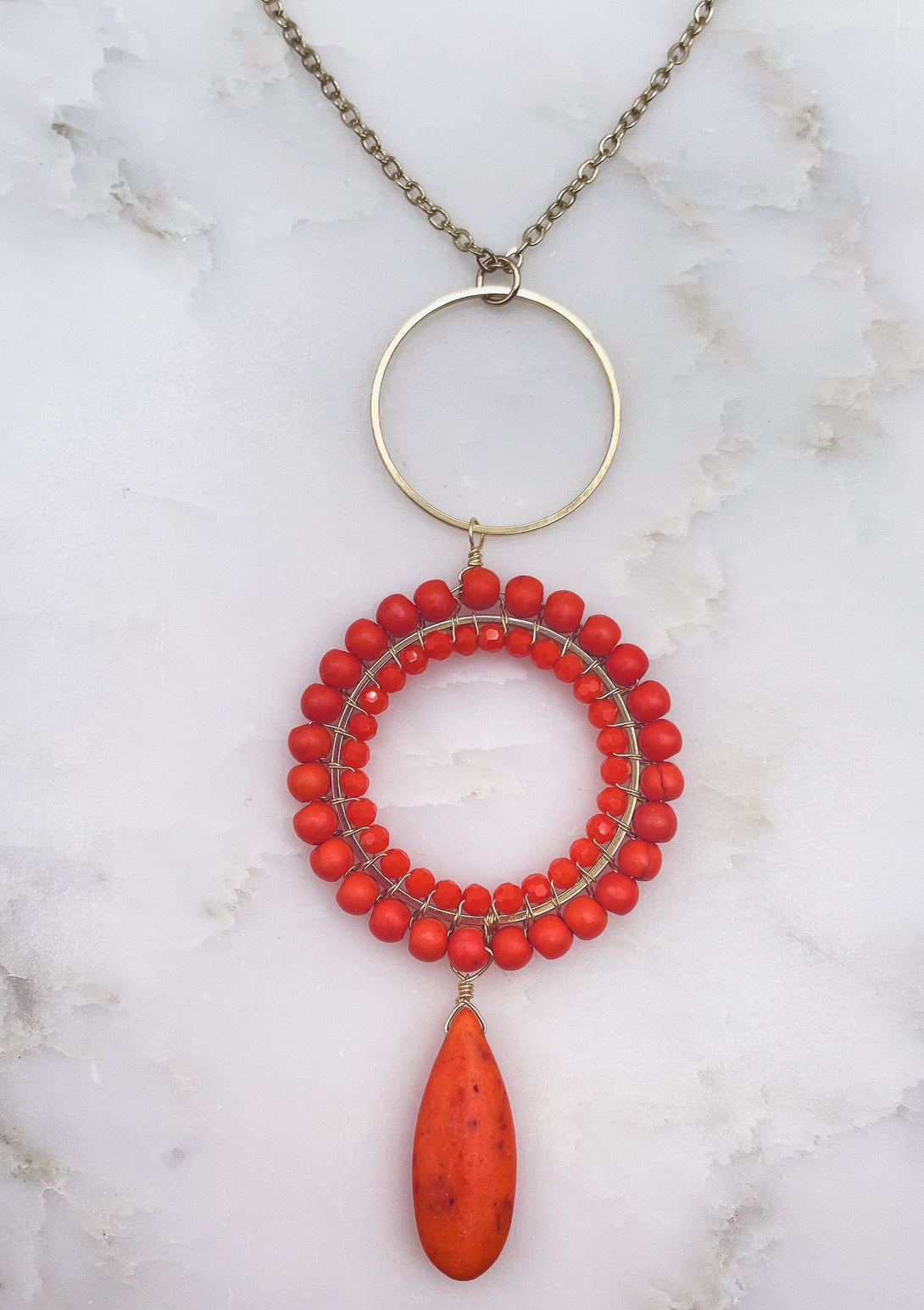 Long Chain Necklace with Orange Beaded Circle and Pendant