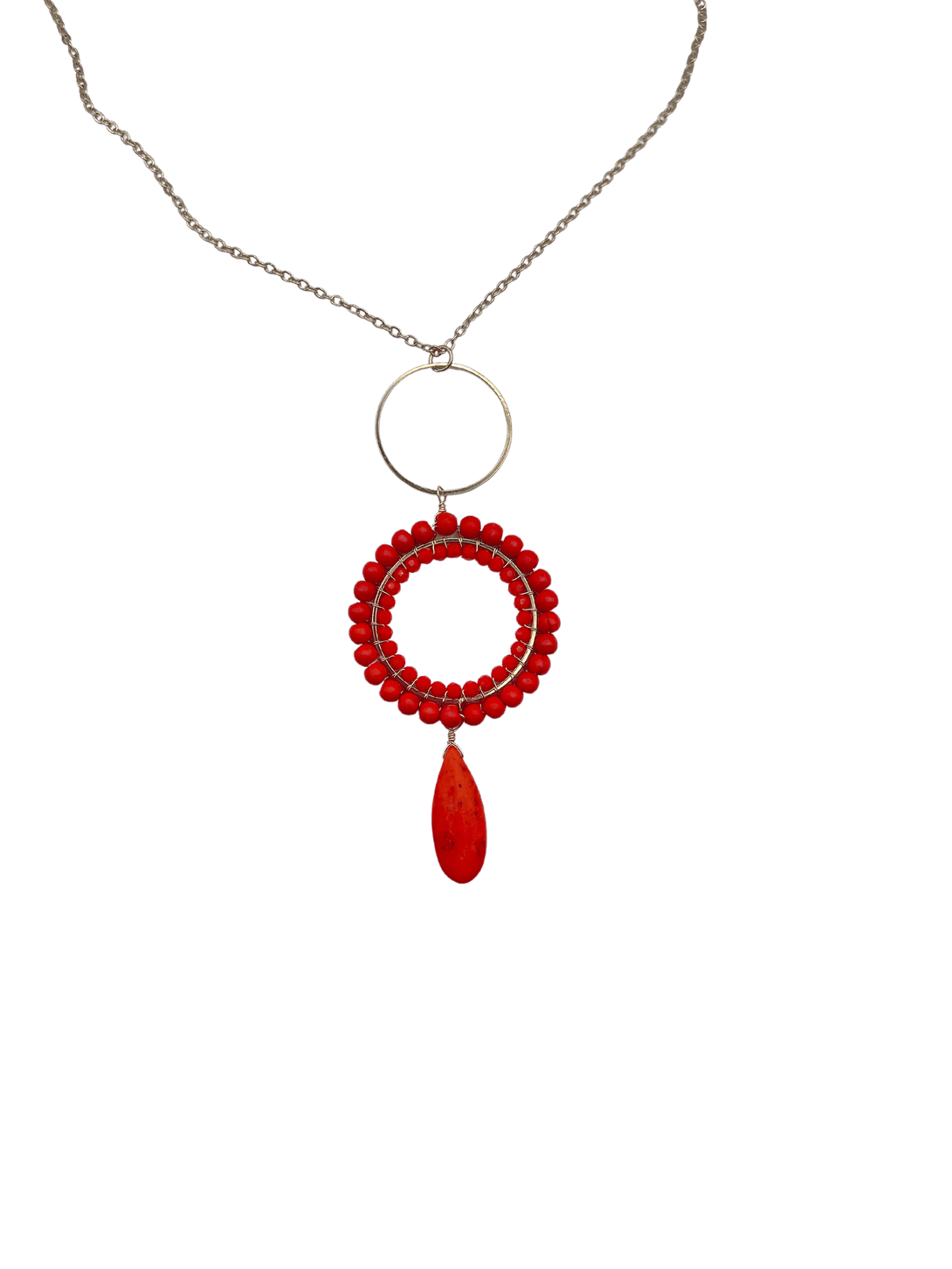 Long Chain Necklace with Orange Beaded Circle and Pendant