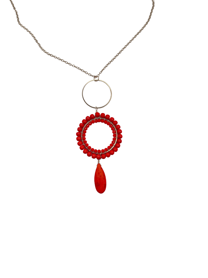 Long Chain Necklace with Orange Beaded Circle and Pendant