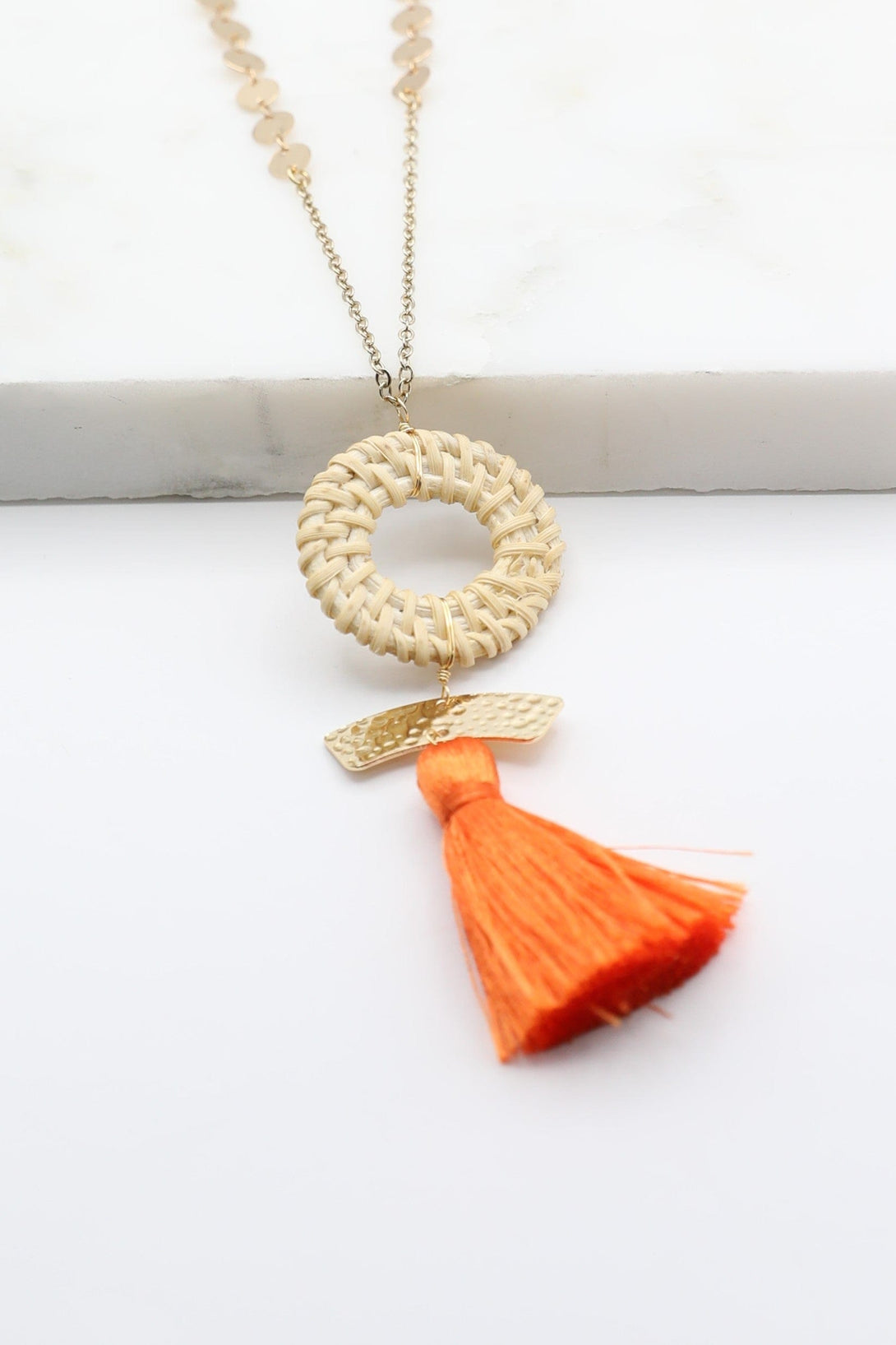 Long Disk Chain Necklace with Woven Circle, Gold Bar and Tassel