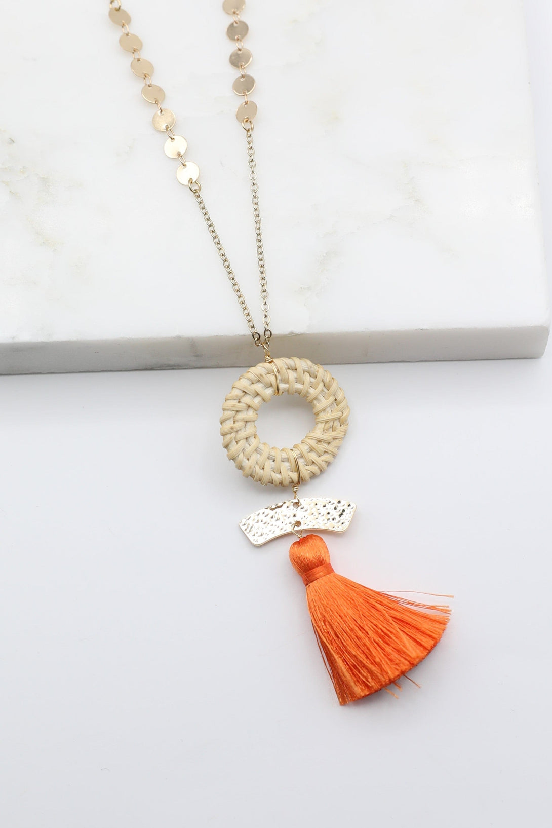 Long Disk Chain Necklace with Woven Circle, Gold Bar and Tassel