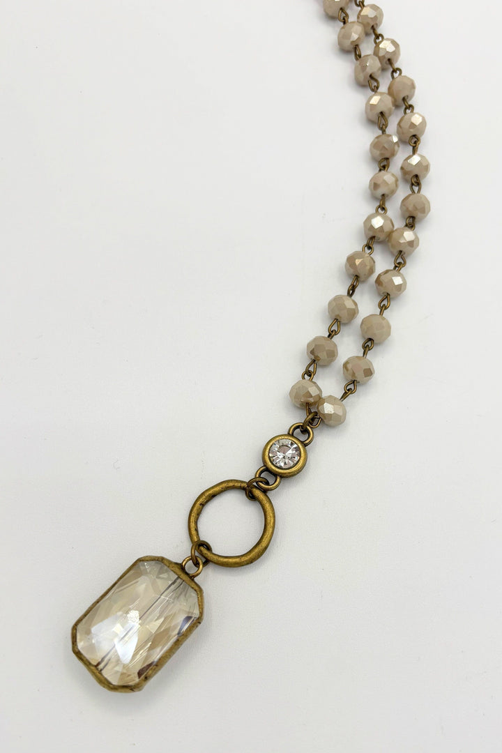 Long Glass Bead Accented Textured Chain Necklace with Faceted Soldered Centerpiece