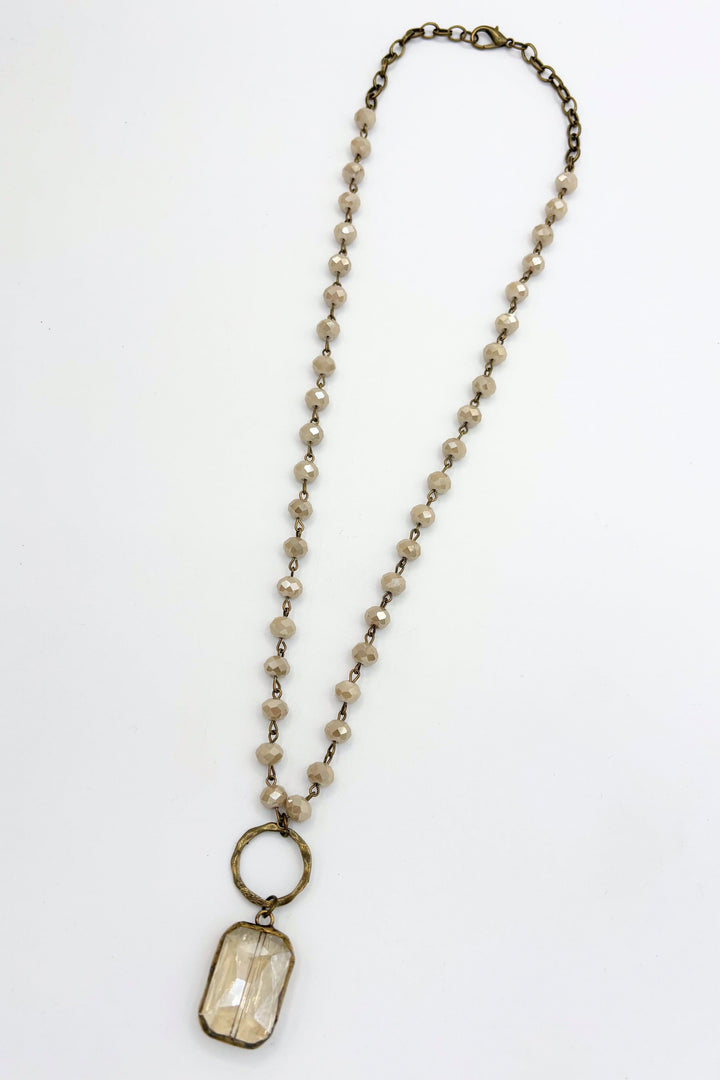Long Glass Bead Accented Textured Chain Necklace with Faceted Soldered Centerpiece
