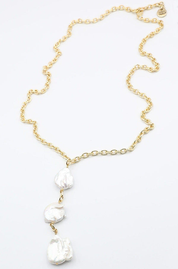 Long Gold Necklace with Drop Feature of Three Large Flat Freshwater Pearls