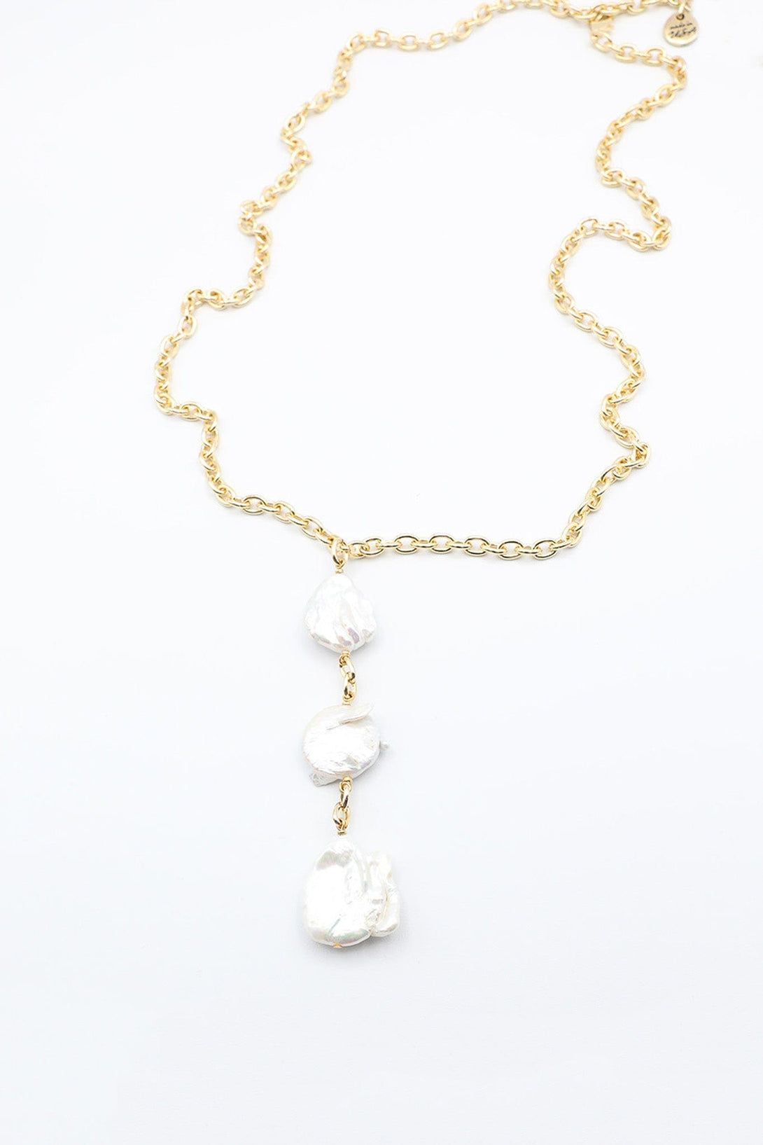 Long Gold Necklace with Drop Feature of Three Large Flat Freshwater Pearls