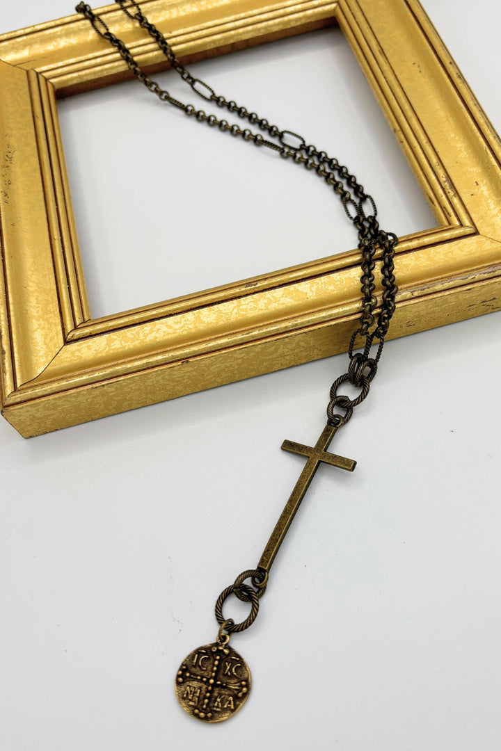 Long Mixed Circle and Paperclip Chain Necklace with Roman Coin Dangling from Cross Charm