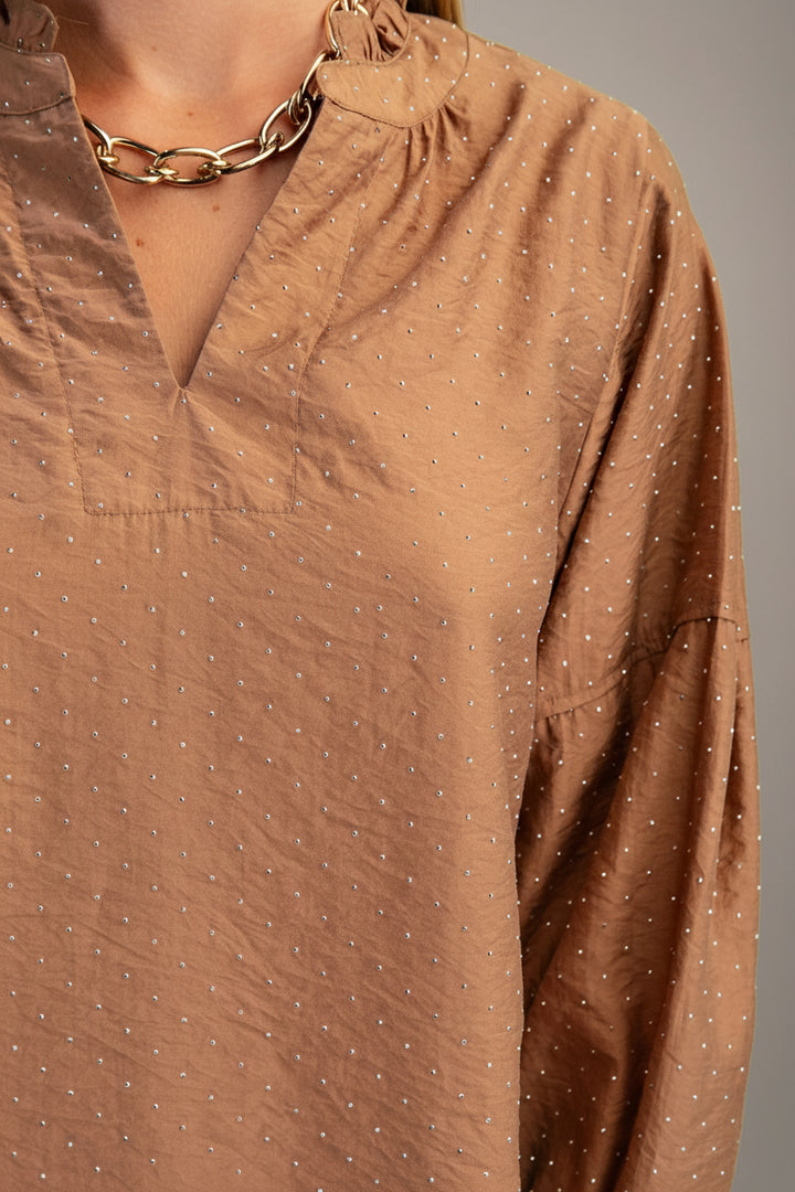 Long Sleeve Split Ruffle Neckline Rhinestone Embellished Blouse