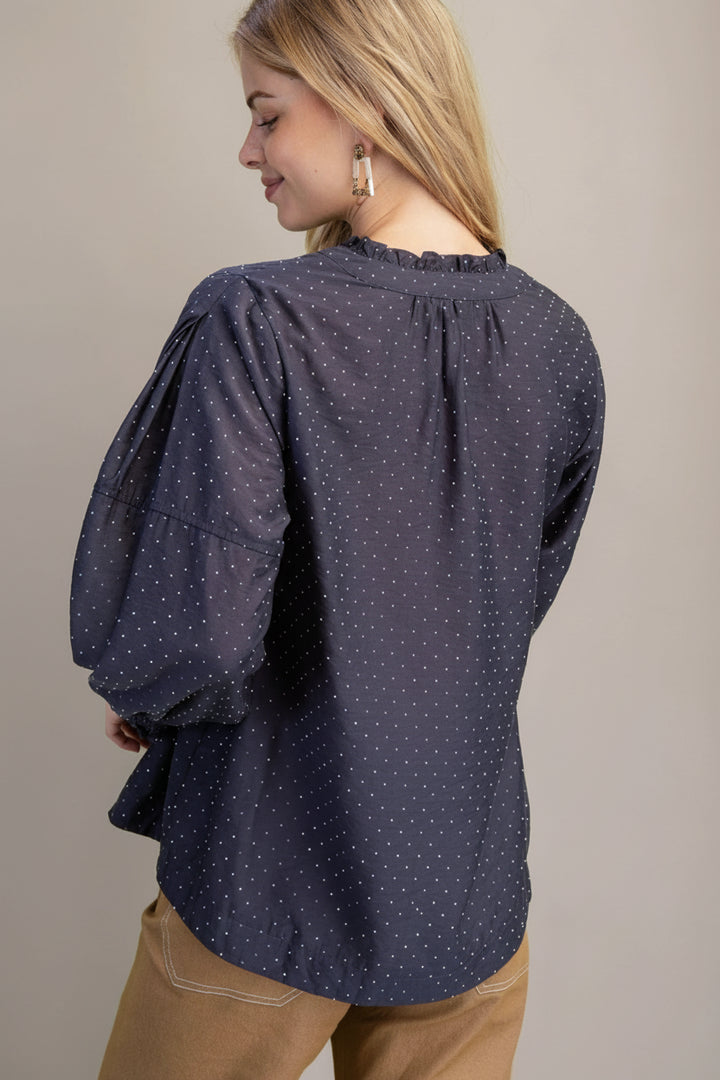 Long Sleeve Split Ruffle Neckline Rhinestone Embellished Blouse