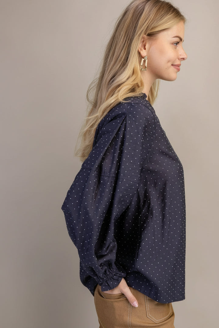 Long Sleeve Split Ruffle Neckline Rhinestone Embellished Blouse