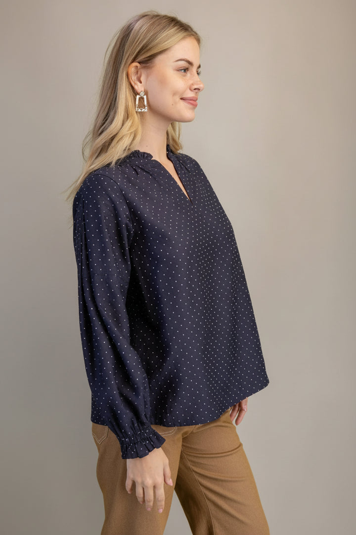 Long Sleeve Split Ruffle Neckline Rhinestone Embellished Blouse