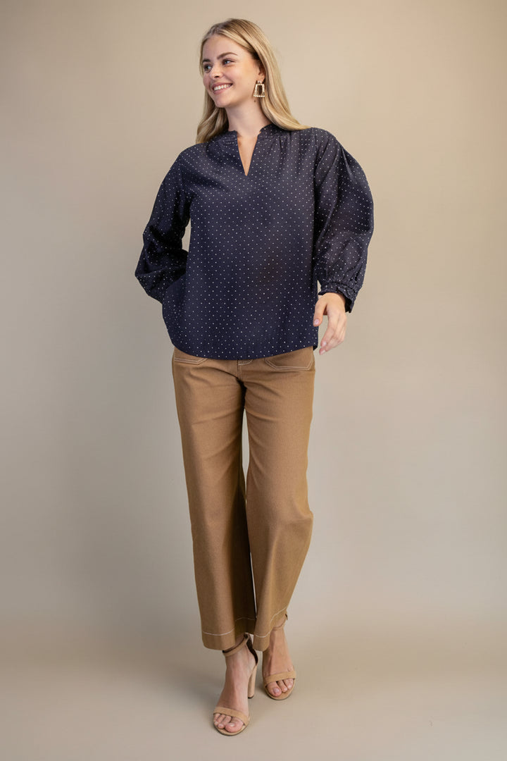 Long Sleeve Split Ruffle Neckline Rhinestone Embellished Blouse