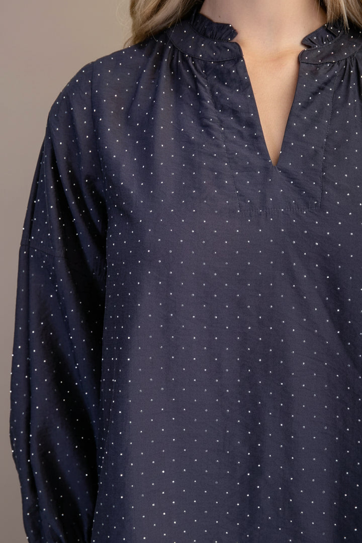 Long Sleeve Split Ruffle Neckline Rhinestone Embellished Blouse