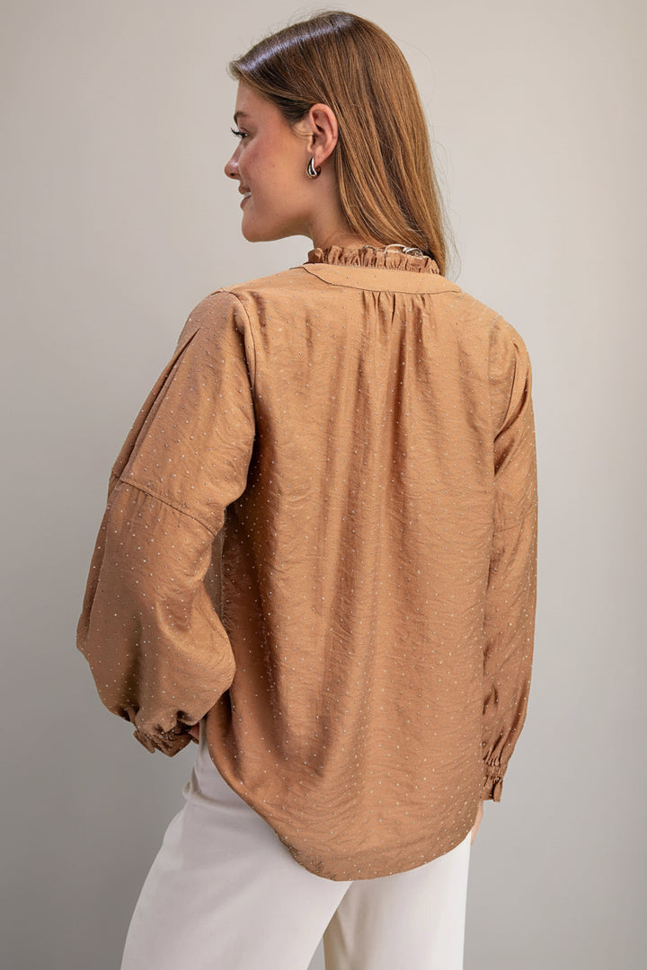 Long Sleeve Split Ruffle Neckline Rhinestone Embellished Blouse