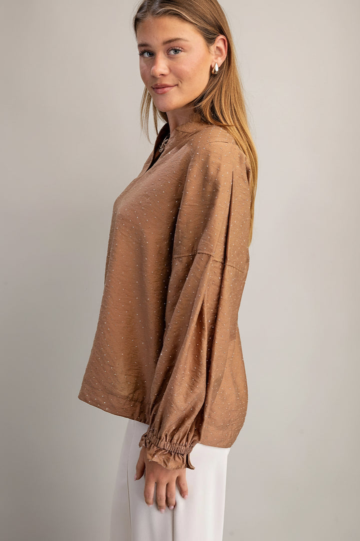 Long Sleeve Split Ruffle Neckline Rhinestone Embellished Blouse