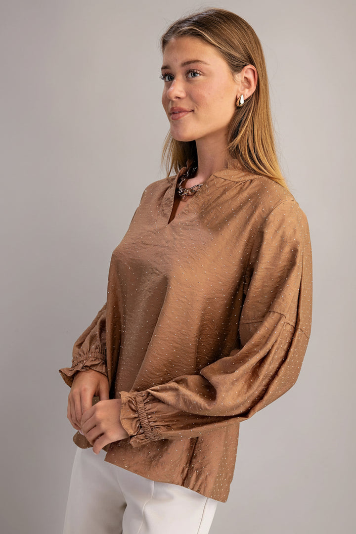 Long Sleeve Split Ruffle Neckline Rhinestone Embellished Blouse