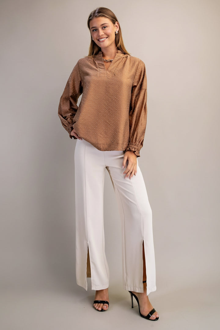 Long Sleeve Split Ruffle Neckline Rhinestone Embellished Blouse