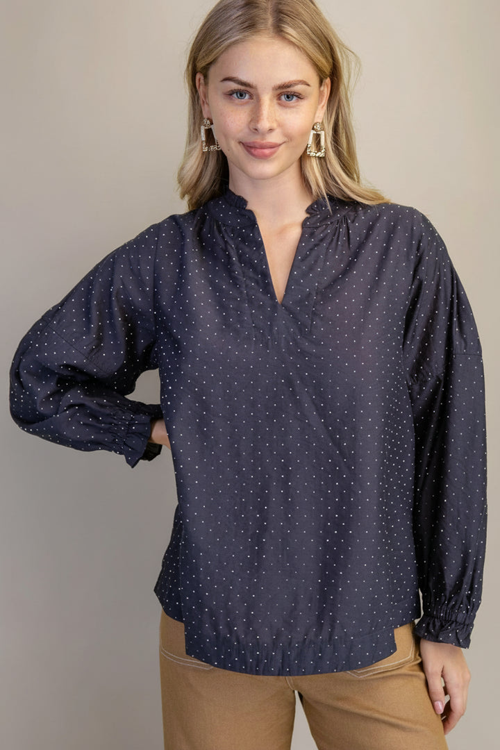 Long Sleeve Split Ruffle Neckline Rhinestone Embellished Blouse