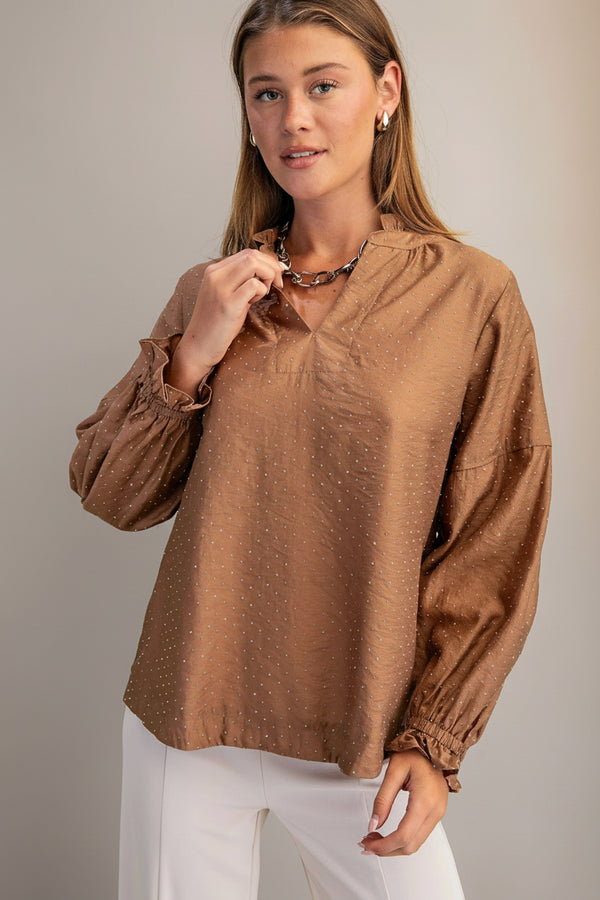 Long Sleeve Split Ruffle Neckline Rhinestone Embellished Blouse