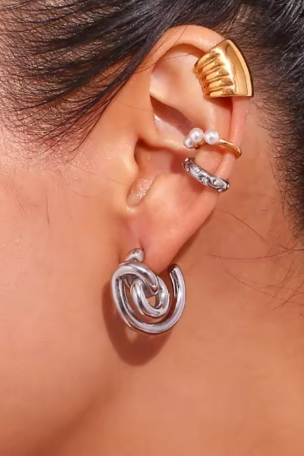 Loop Dangle Element Twist Open Hoop Style Post Back Earrings