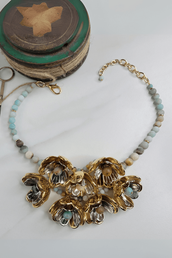 Lotus Handmade Necklace with Vintage Italian Flower and Amazonite Beads