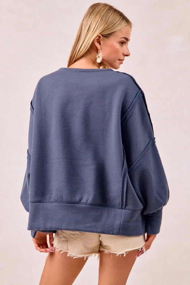 LOVE Patchwork Sherpa Lettering Out Seam Pullover Sweatshirt